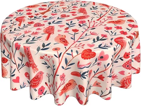 DEKIFNHG Valentine Round Tablecloth 60 Inch, Pink Love Heart Birds Decorations Round Table Cloth for Romance Valentine Holiday Picnic Party Indoor Outdoor