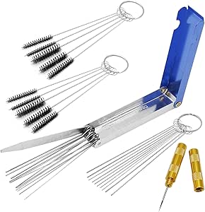 Anxingo 4 Pcs Carburetors Carbon Dirt Jet Remove Cleaner Tool Kit, 13 Wire Torch Tip Cleaner Wires Tool Set, 10 Nylon Brushes, 20 Cleaning Needles Stainless Steel Wrench Tool for ATV Moped Welder Carb