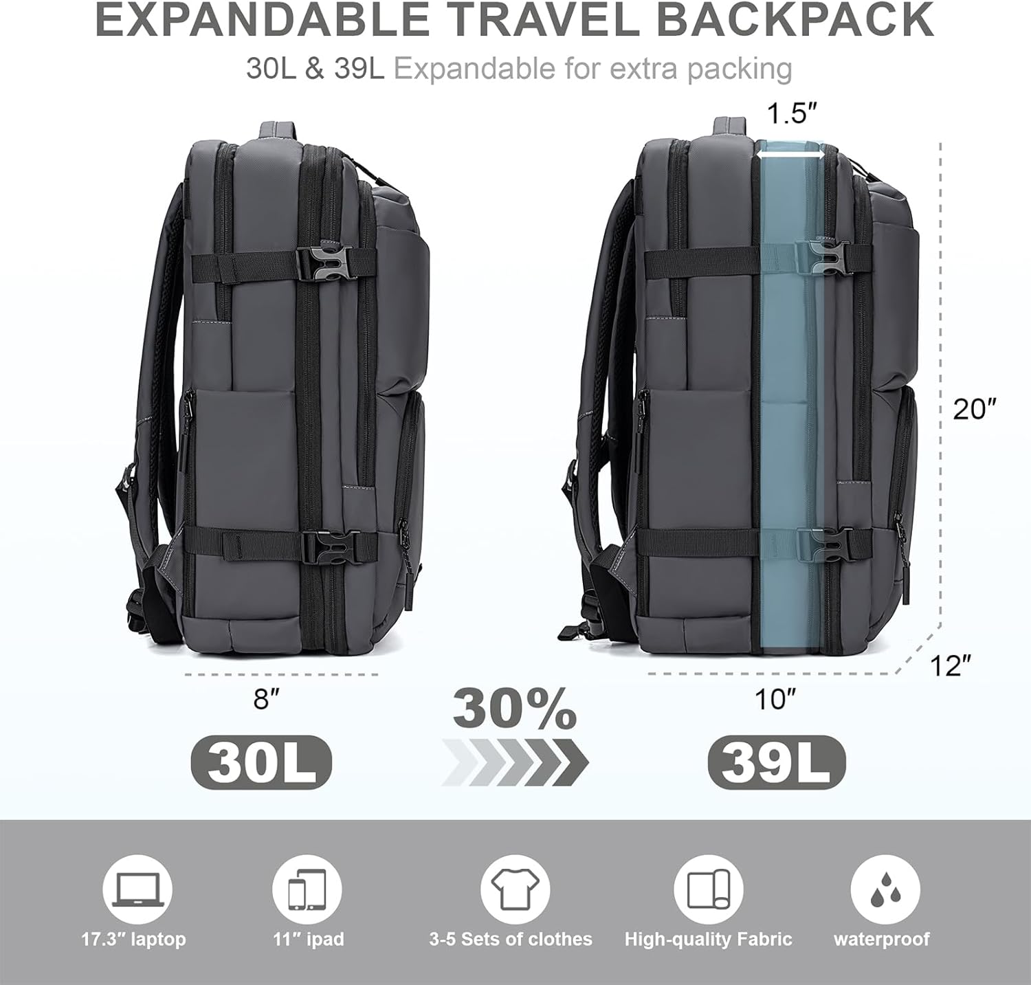 BAGOK Carry On Travel Backpack, 35L-40L Expandable Extra
