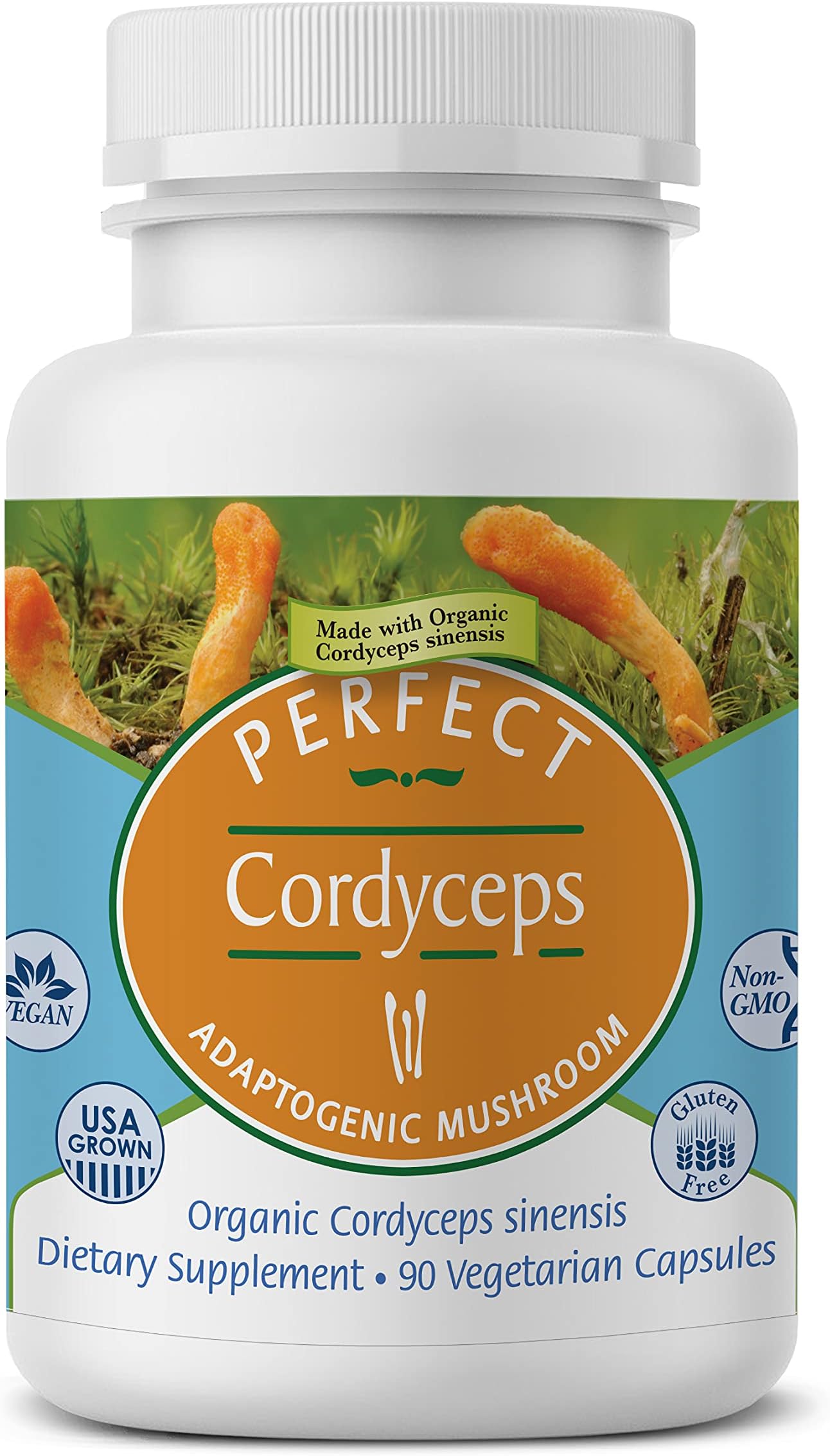 Perfect Supplements Perfect Organic Cordyceps Sinensis Supports Energy Stamina Immunity Mental Clarity ~ An Adaptogen ~ 90 Vegetable Capsules 90 Capsules