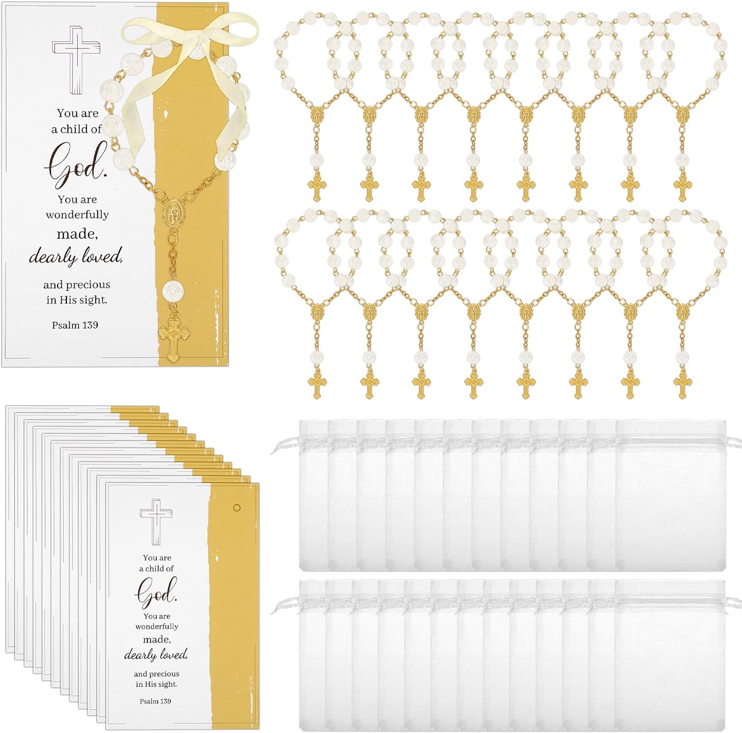 30 Sets Baptism Favors for Guests, Baby Shower Fvours for Adults, Acrylic Catholic Rosaries Bulk with Cross Psalm Cards & Organza Bags, Gold Religious Gifts for Weddings Celebration Supplies（Gold）