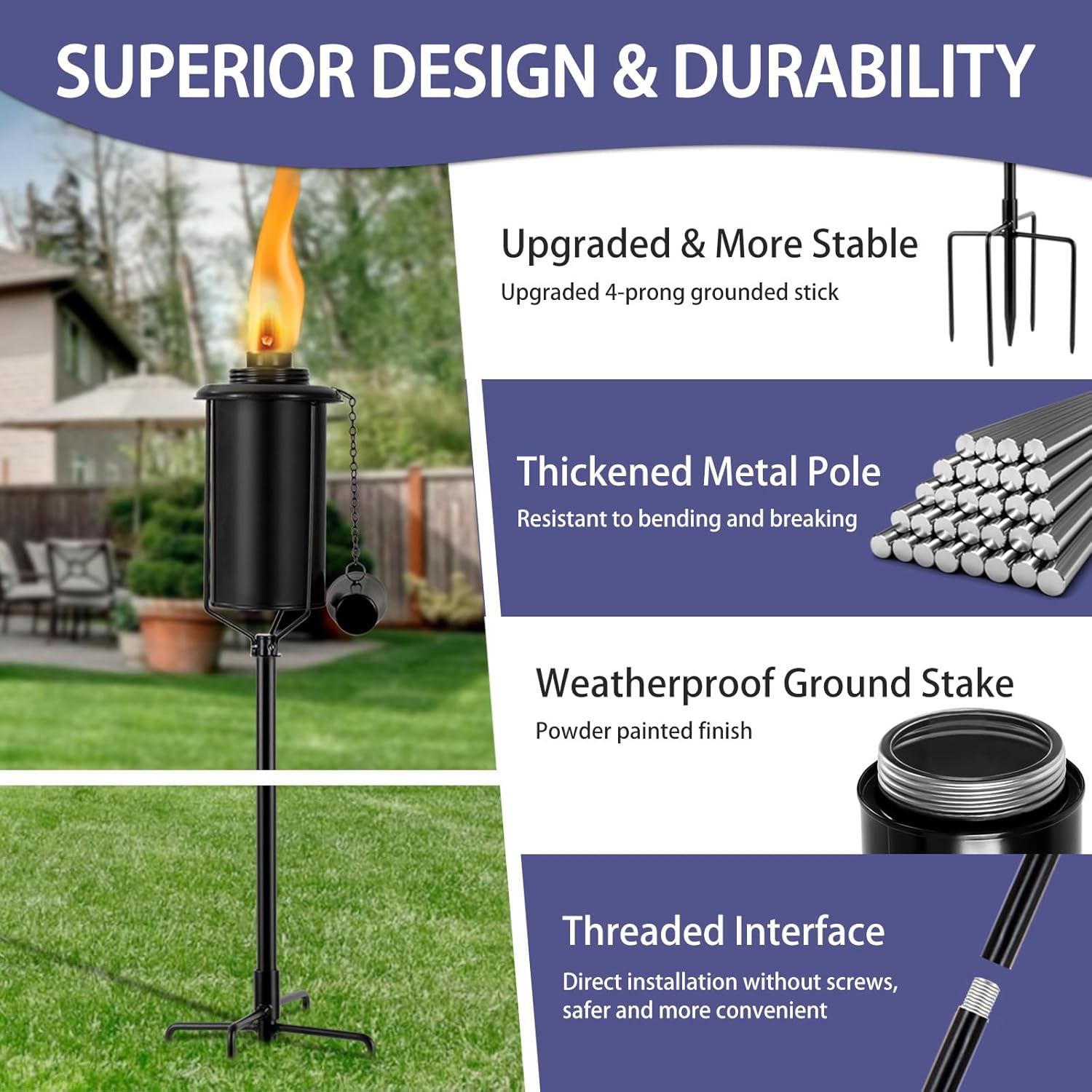 Nonley 4 Pack Metal Torch for Outside [Upgraded], 16oz Metal Garden Torches Outdoor Citronella Torches with 4-Prong Grounded Stake, Flame Torch Light for Backyard Patio Pathway Party 61" Tall