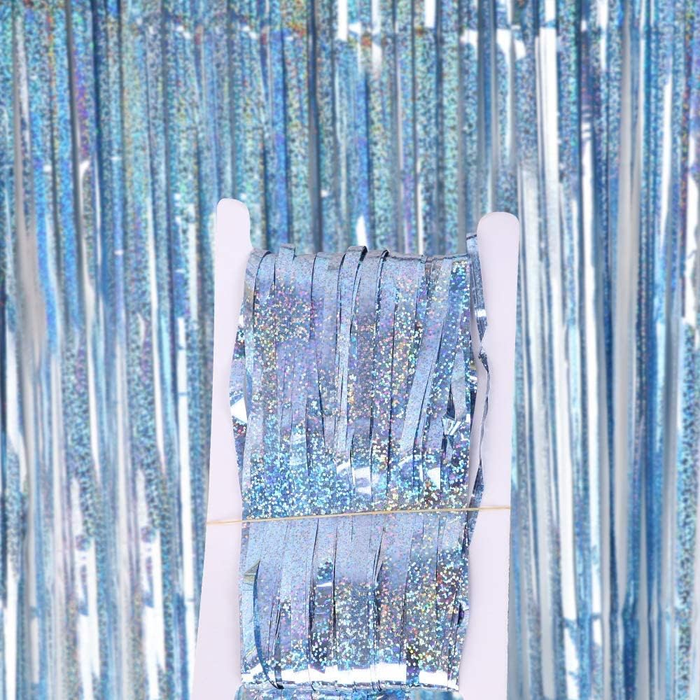 OEMG LSCL-4 4pcs 1mx2.5m Metallic Tinsel Foil Fringe Curtains Light Blue Laser Streamers Backdrop for Under the Sea Kids Birthday Boy Christening Frozen Halloween Wedding Party Decorations - Image 3