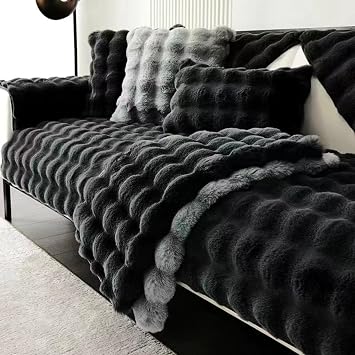 Faux Rabbit Plush Sofa Cover for L/U Shape, Fluffy Sofa Cover Soft Cozy Couch Cushion Covers Non-Slip Furniture Protector Machine Washable Black,1pc/90 * 240cm/36x95