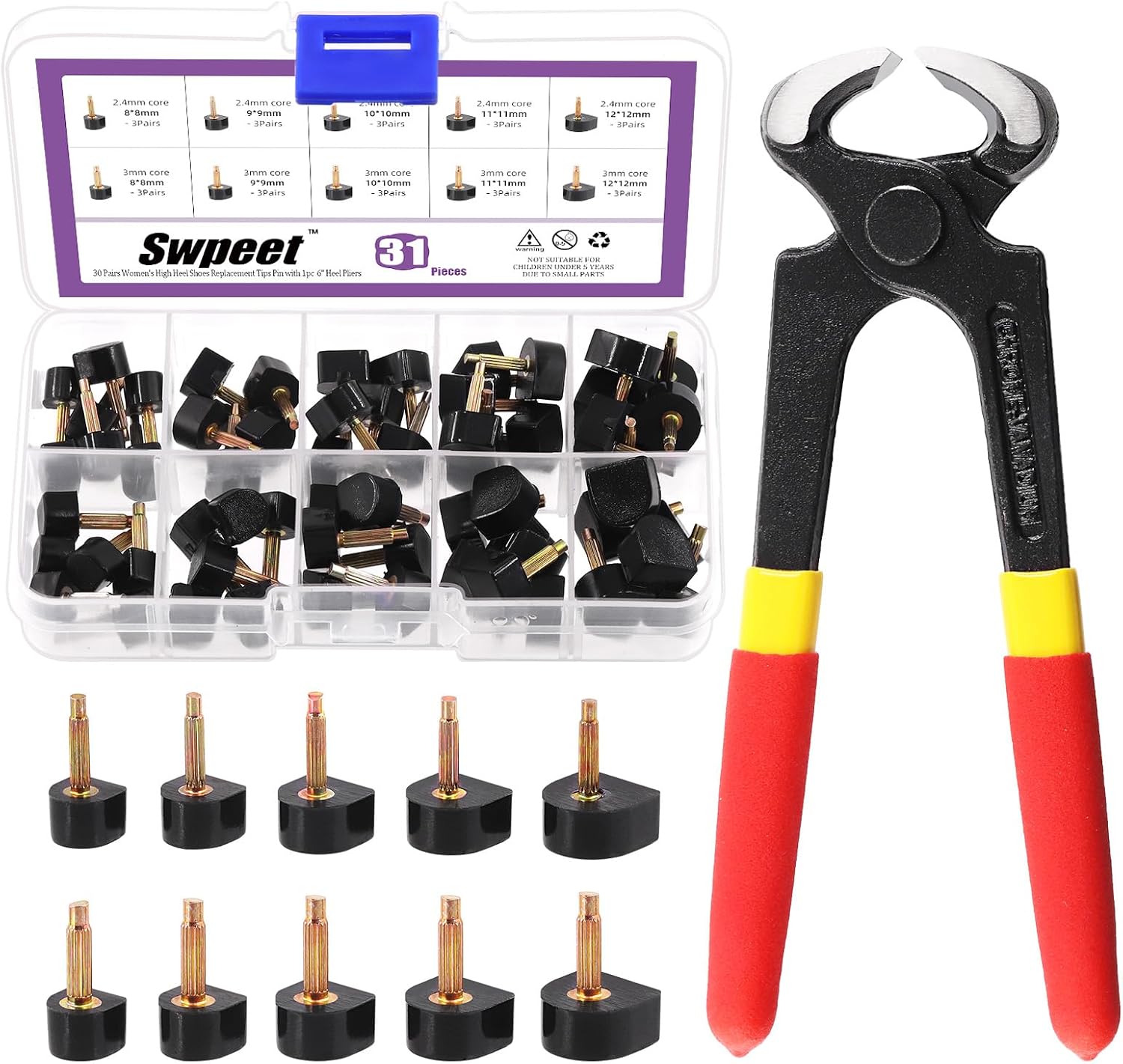Swpeet 30 Pairs 8x8mm 9x9mm 10x10mm 11x11mm 12x12mm Women's High Heel Shoes Replacement Tips Pin, Women's High Heel Repair Tool Kits 2 Different Pins Diamete with 6" Heel Pliers for Repairing Shoes