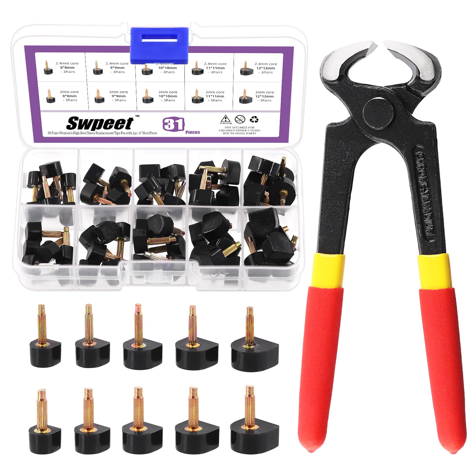Swpeet 30 Pairs 8x8mm 9x9mm 10x10mm 11x11mm 12x12mm Women's High Heel Shoes Replacement Tips Pin, Women's High Heel Repair Tool Kits 2 Different Pins Diamete with 6" Heel Pliers for Repairing Shoes