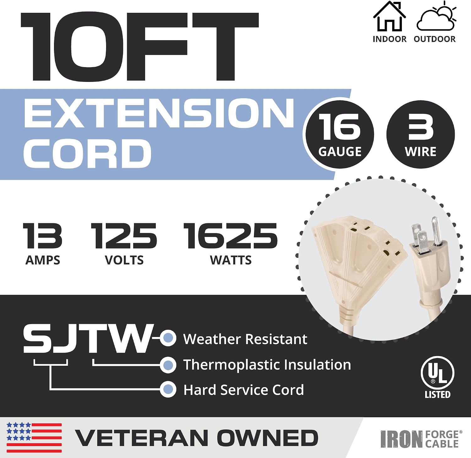 Iron Forge Cable Weatherproof 10 Ft Outdoor Extension Cord - 3 Outlet 16/3 SJTW Heavy Duty Light Brown Extension Cord 3 Prong - 13 Amp Power Cable