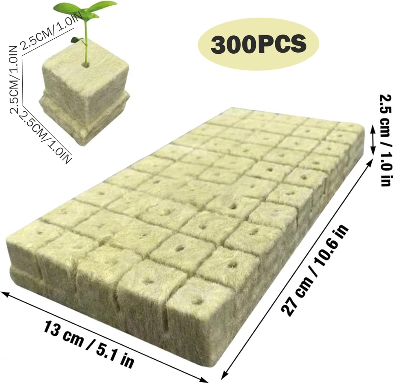 300Pcs Rockwool Cubes, 1x1x1 Inch Hydroponic Pods for Seed Starting, Plant Propagation, and Cloning, Grow Sponges for Hydroponics System