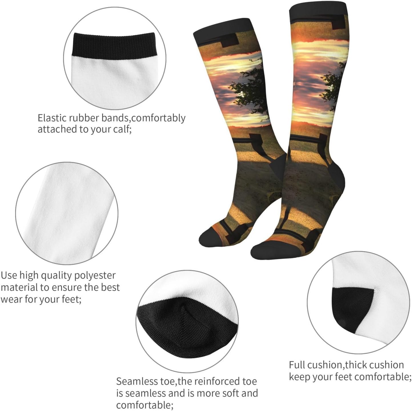 Lonely Bench Sunset Print Breathable Crew Neck Athletic High Socks,Suitable For Sports,Running,And Travel.
