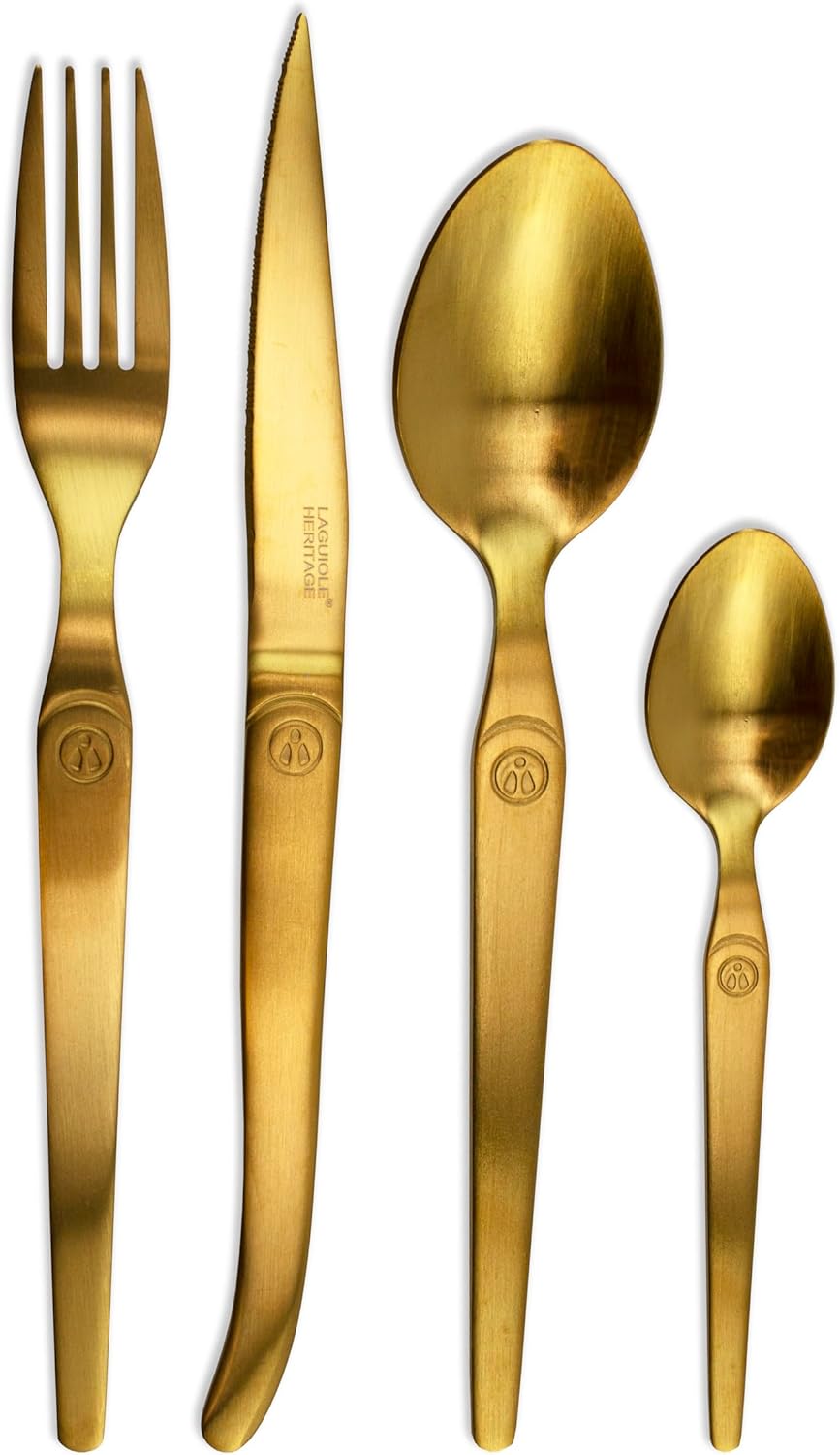 Laguiole Heritage Gold Dinerware Set; Premium Stainless Steel Knives, Forks, Spoons with Ergonomic Handles; 4 Person Sets; Gold, 16-Piece