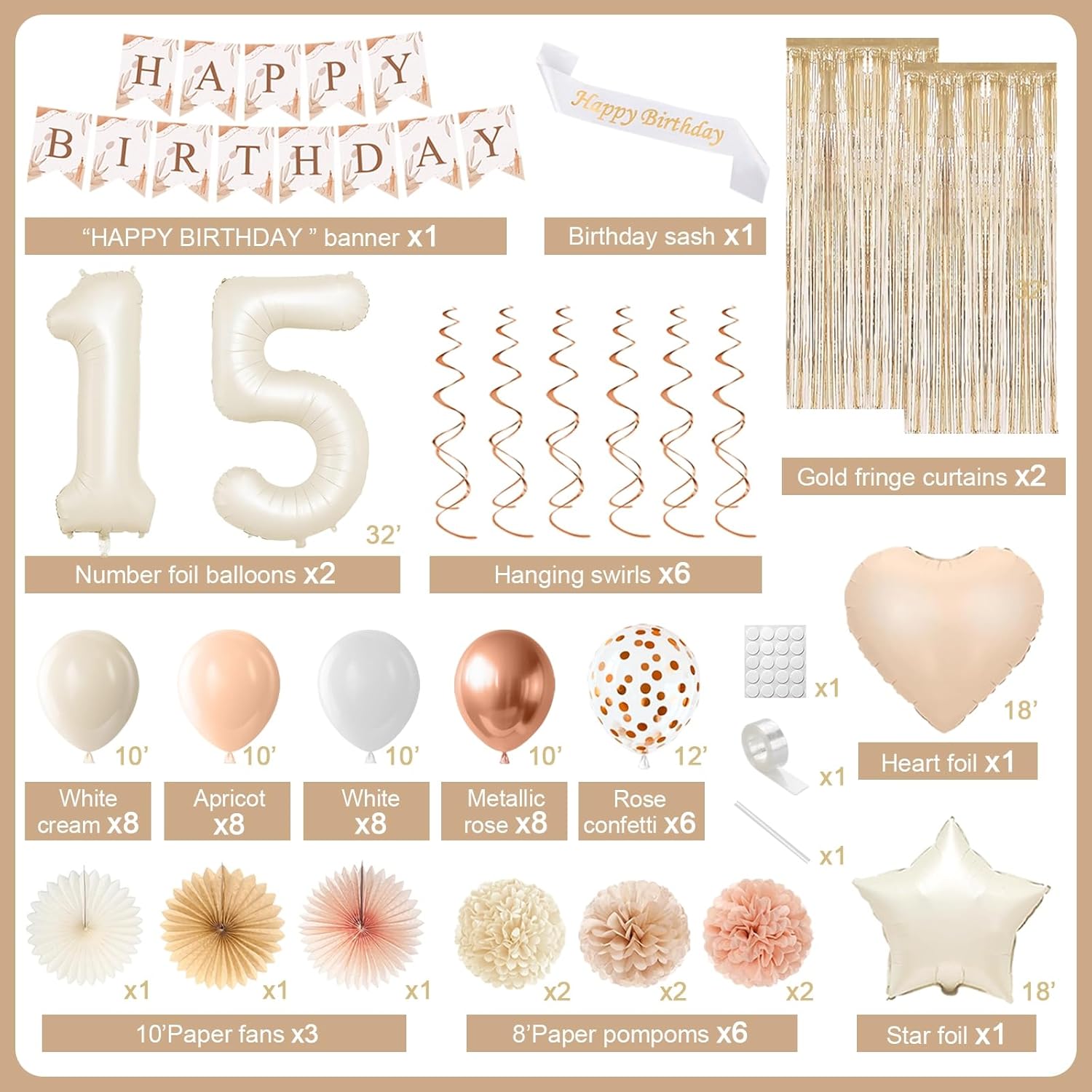 15th Beige Birthday Decorations for Girls, White Sand Happy 15th Birthday Party Packs with Happy Birthday Banner, Paper Pom Poms, Boho Beige Cream Balloons for 15 Party Supplies