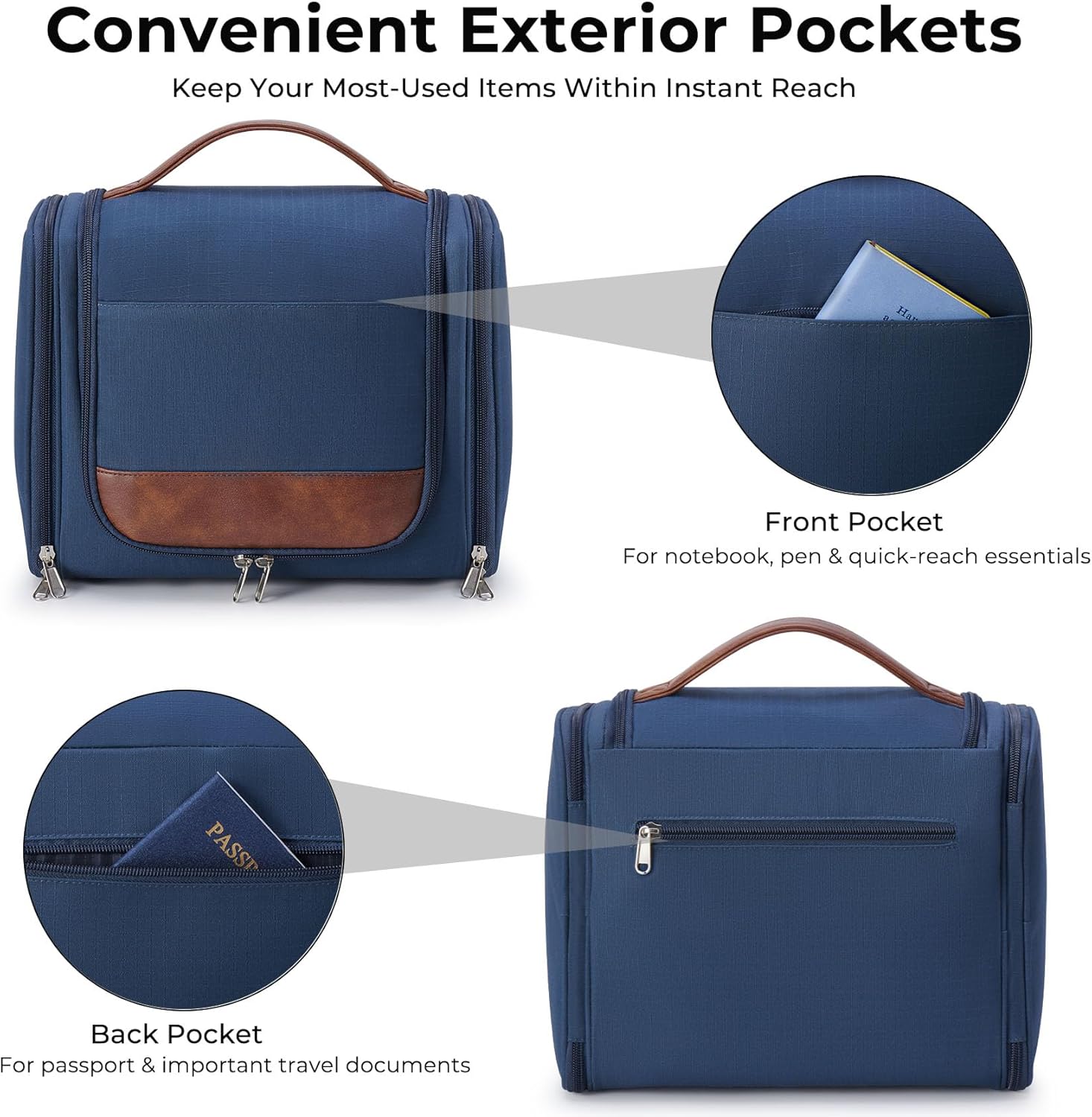 Large Hanging Toiletry Bag for Men, Travel Bathroom Bag with Hook, Hygiene Bag Organizer for Shower, Shaving & Grooming Essentials, Navy