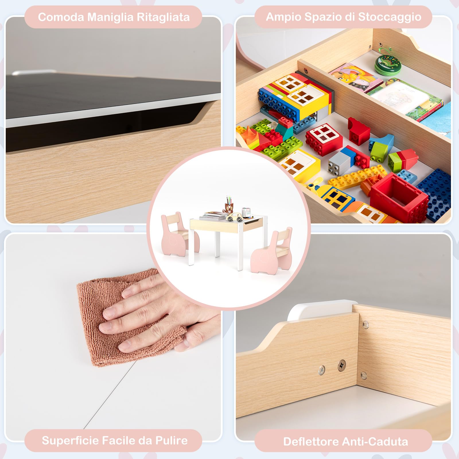 COSTWAY 3 in 1 Set Tavolo e Sedie per Bambini, Tavolo da Attività per Bambini con 2 Sedie, Lavagna Rimovibile e Deposito, per Giocare, Disegnare e Leggere, in Legno (Rosa)