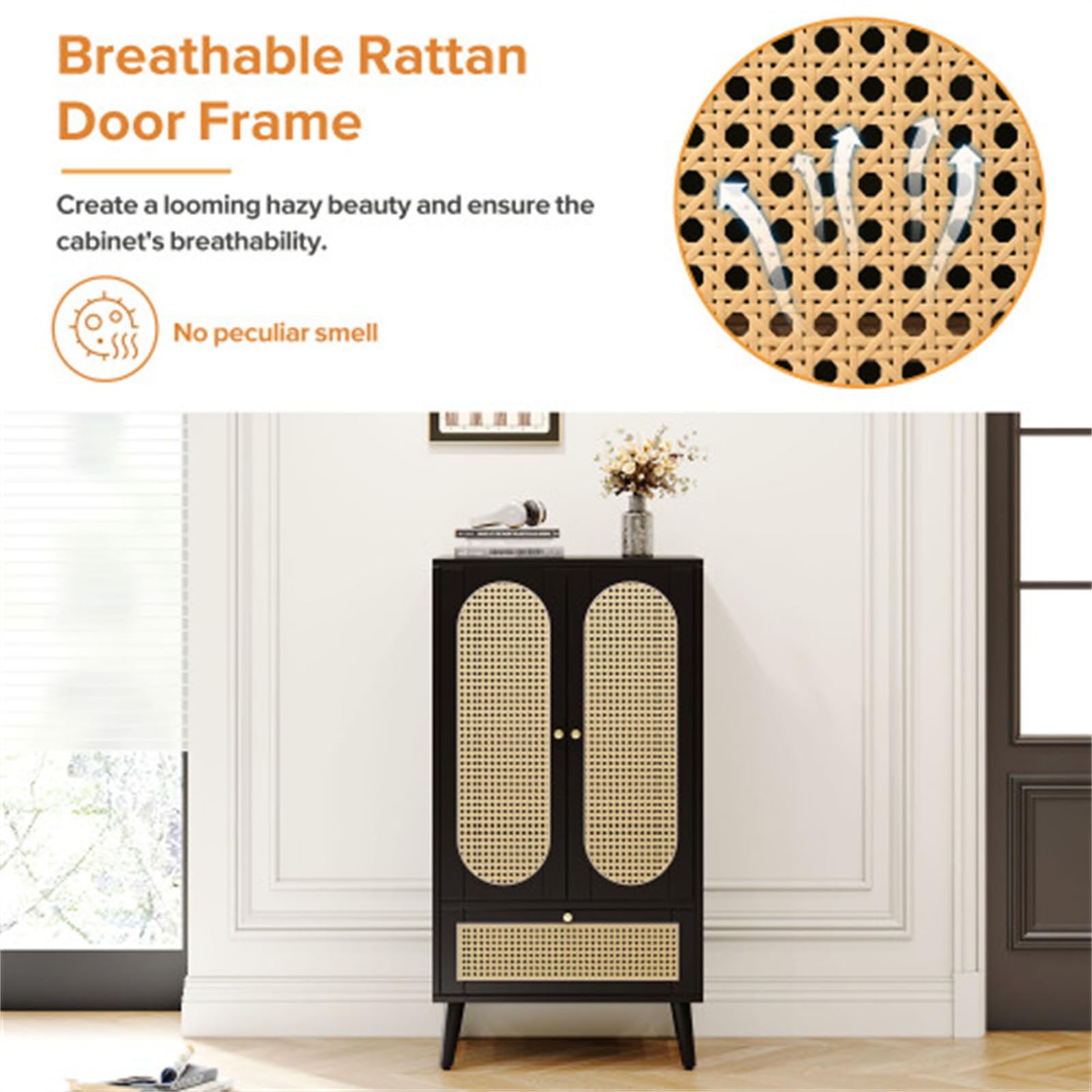 Credenza in Rattan Nero, Piccolo Mini Mobile da Ingresso, Mobile Verticale con più Vani Portaoggetti, Adatto per Soggiorno, Camera da Letto, Corridoio