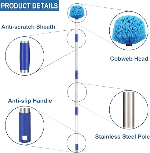 Miniatura 2 de Plumero de telaraña con poste, poste de acero inoxidable de 6 pies Cepillo de telaraña con cerdas de rigidez media para paredes, vigas, estantes,