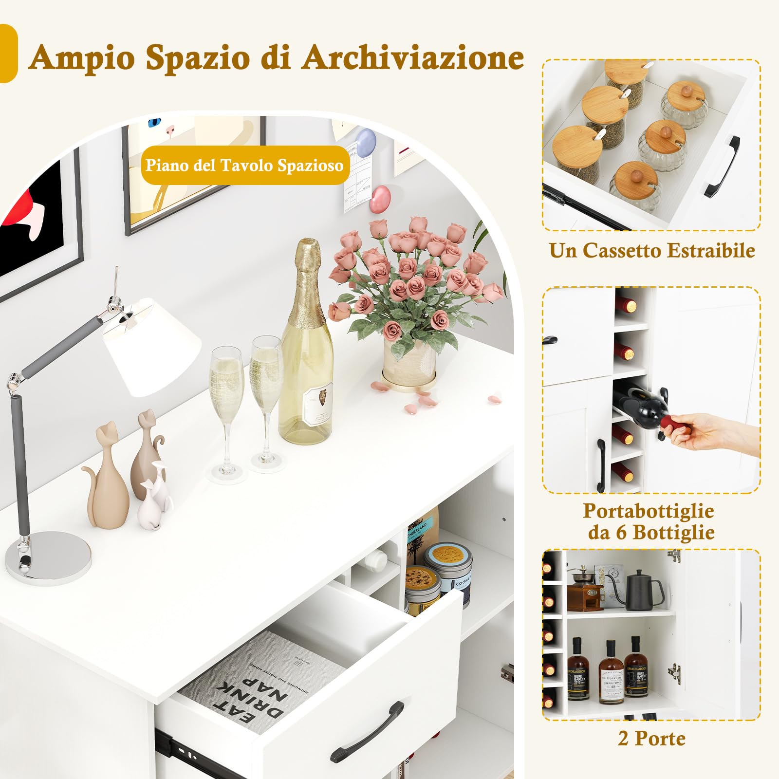 COSTWAY Credenza Buffett da Cucina con 6 Cubi Porta Bottiglie di Vino, Mobile da Cucina con Cassetto, 2 Ante e 2 Ripiani Regolabili, Armadio in Legno Salvaspazio per Soggiorno, 90 x 40 x 79 cm, Bianco
