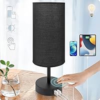 Vista 12 de Yarra-Decor Lámpara de mesita de noche con puerto USB - Lámpara de mesa con control táctil para dormitorio de madera regulable de 3 vías con Tela