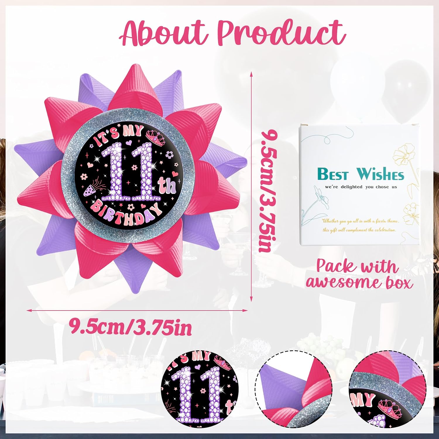 Handmade It's My 11th Birthday Button, 11th Birthday Button Pins for Girls, Hot Pink and Purple Grosgrain Ribbon Pins for 11 Year Old Girl Birthday Party Decorations Supplies Gifts Ideas