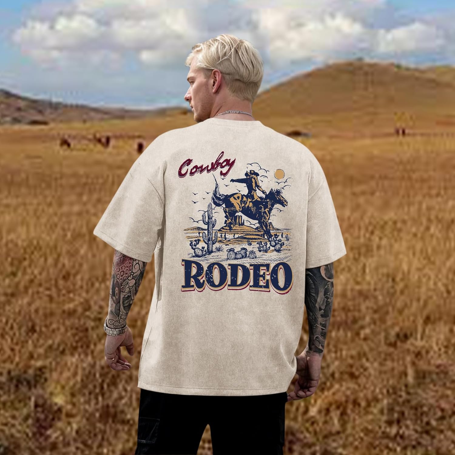 Bobeutou Western Shirts for Men Vintage Rodeo Cowboy Shirt Oversized Graphic Tees Country Concert Acid Wash T-Shirts Tops