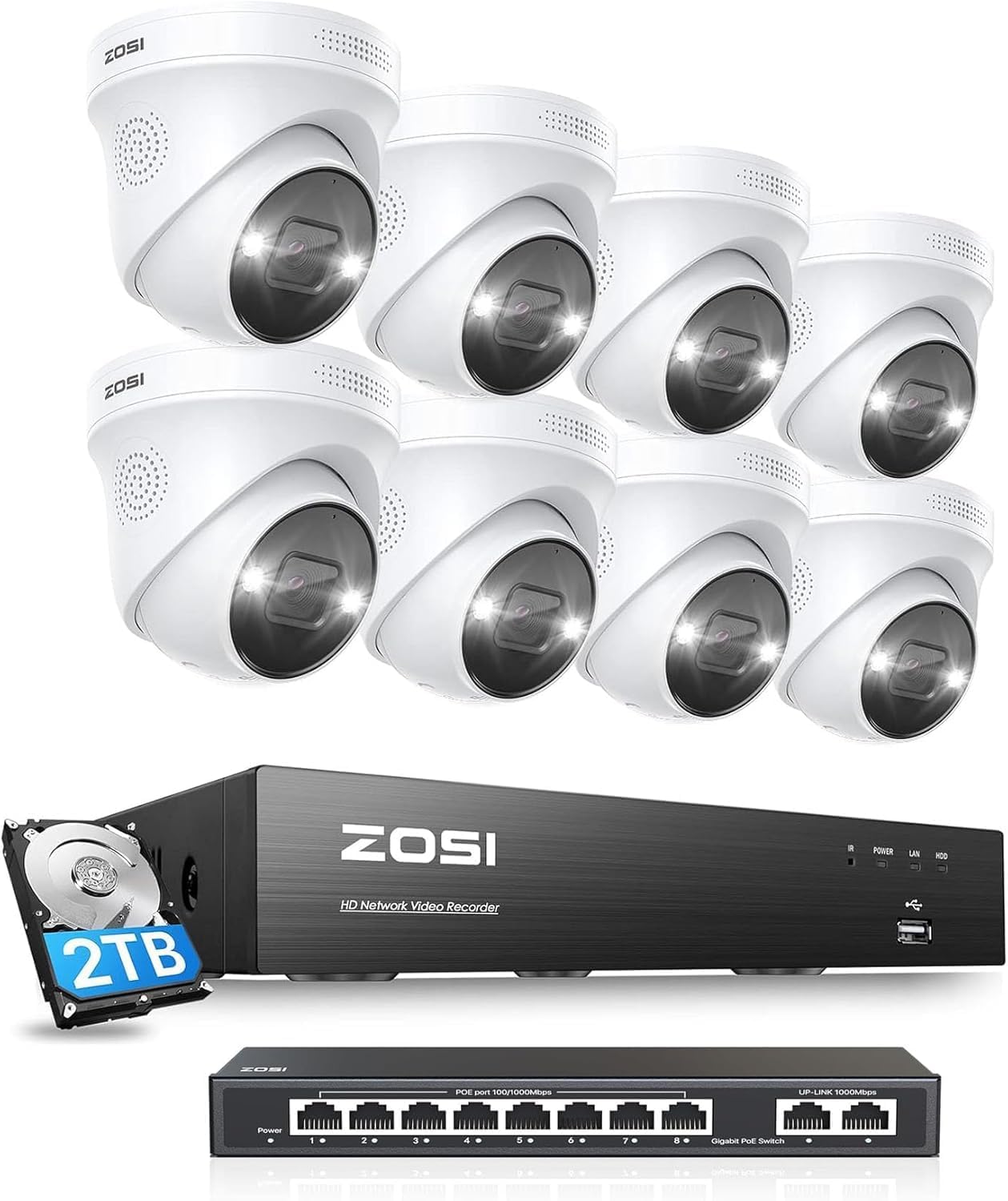 ZOSI 8-in-1 4K PoE Security System with 8-Port Switch | 8X Outdoor/Indoor Cameras, 16CH NVR with 2TB HDD, Person/Vehicle Detection, Sound & Light Alarm, 2-Way Talk.