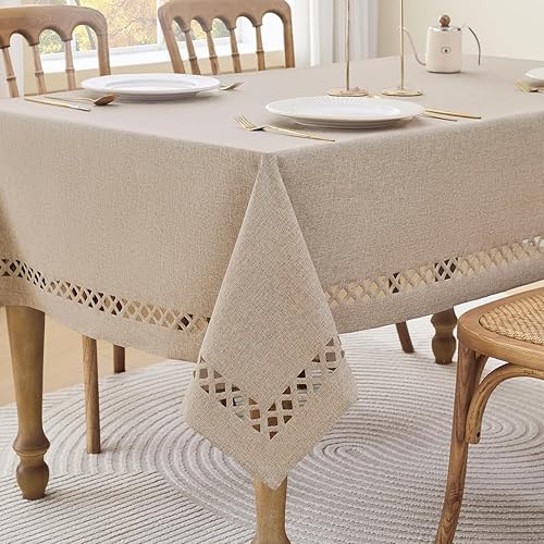 Linen Style Rectangle Tablecloth, Rustic Lattice Cutwork Waterproof Table Cloth, Wrinkle Free Anti-Fading Table Cover for Restaurant, Indoor & Outdoor Dining, 55 x 102 Inchs, Mocha