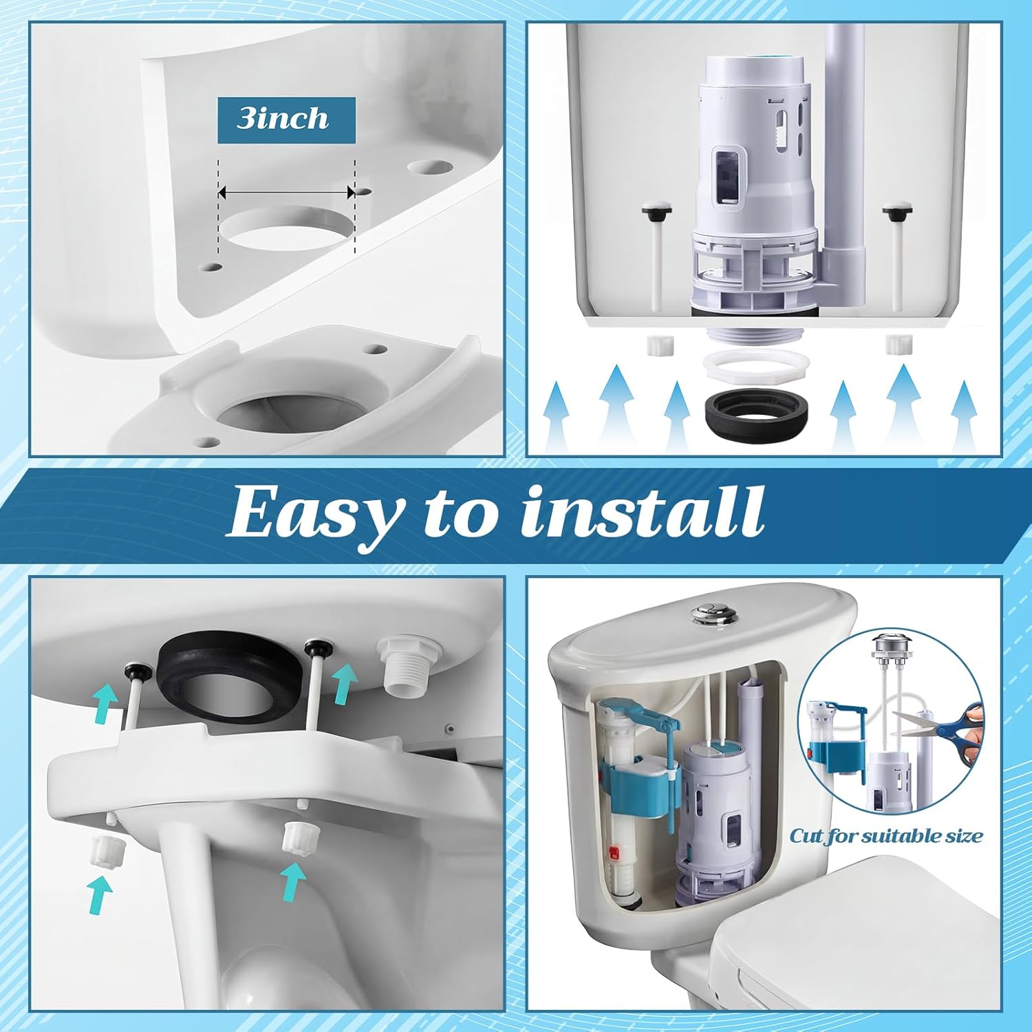 Ganeen 3 Inch Dual Flush Valve Replacement Universal Toilet Tank Replacement Kit with Top Push Button Toilet Fill Valve Bowl Gasket Plastic Bolts Inside Tank Parts Flusher Repair for Easy to Install