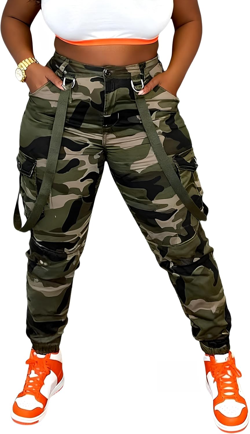 Camo Green Women's Cargo Pants with Pockets High Waisted Ankle Cuff Y2K Casual Sweatwear Pants