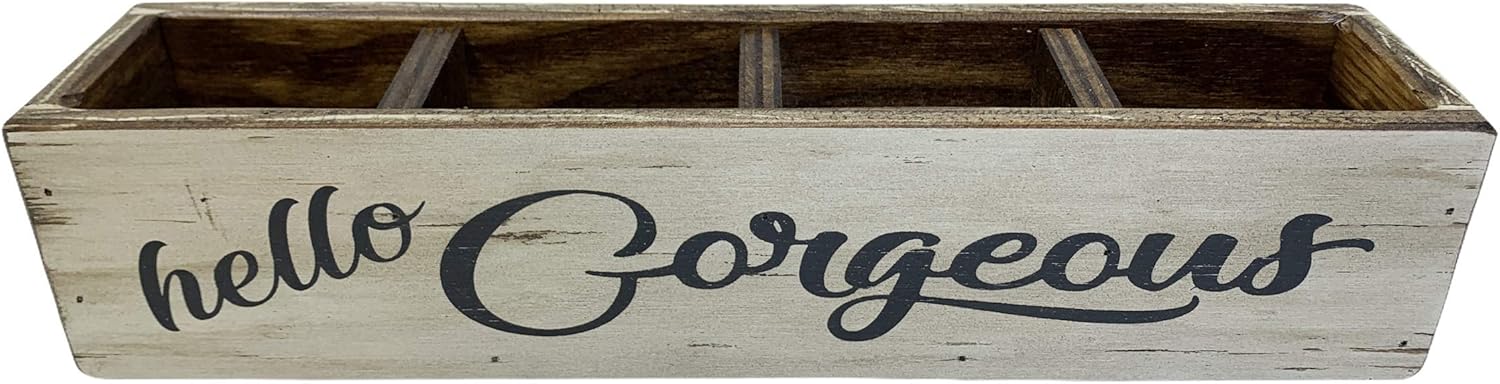 Cosmetic Organizer for Bathroom *Hello Gorgeous, Beautiful, or Keep it SimpleCosmetic Makeup Accessory *Wood Box Tray Caddy with Dividers *Counter decor, vanity, office desk *Beauty *Customize Saying