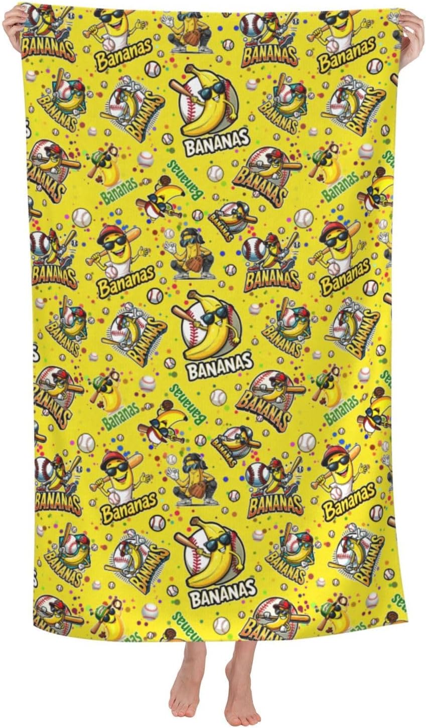 Funny Banana Baseball Beach Towel 52"X32", Soft Fluffy and Absorbent Microfiber Yellow Beach Towel, Beach Pool Outdoors Trave