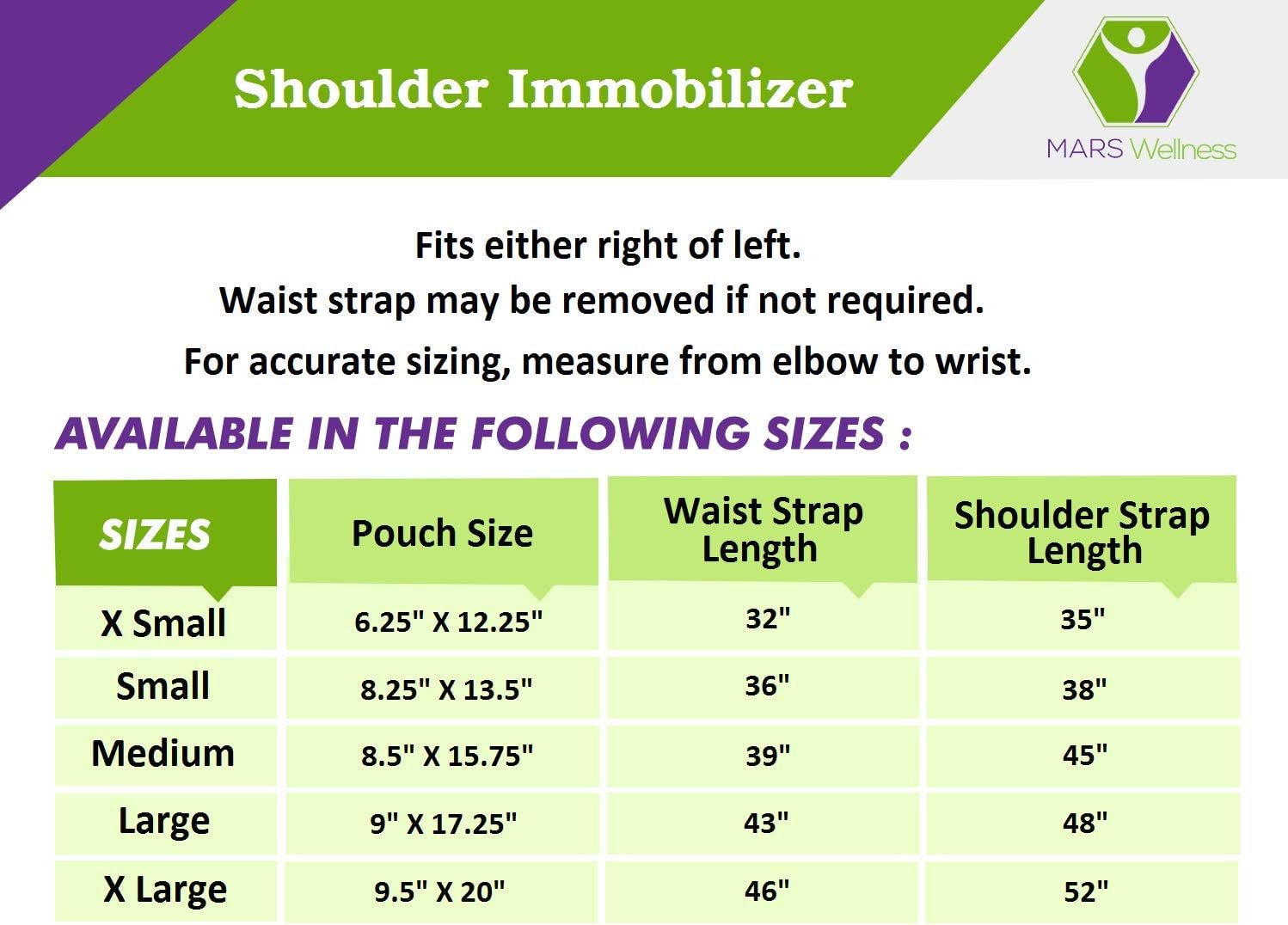 MARS WELLNESS Universal Arm Sling Rotator Cuff Sling Shoulder Immobilizer - Adjustable - Arm Sling With Waist Strap - Broken, Fractured, Wrist, Elbow - Small
