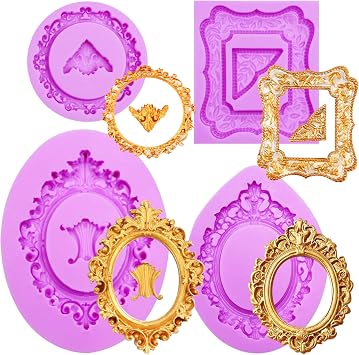 Frame Silicone Mold, 4 Pcs Picture Frame Molds for Chocolate Vintage Baroque Photo Frame Molds for Cake Decorating Cupcake Topper Candy Polymer Clay