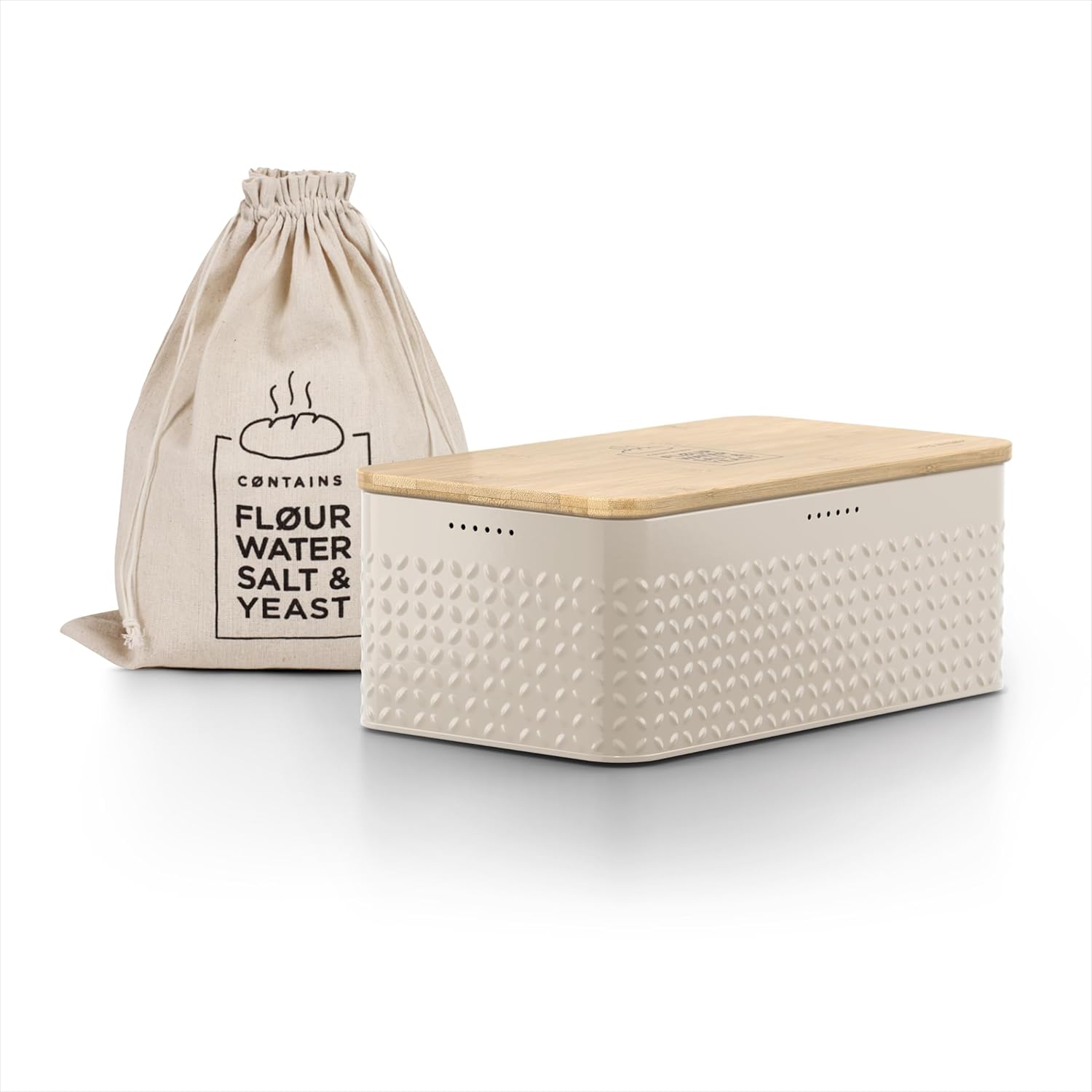 Bread Box with Linen Bag and Bamboo Lid