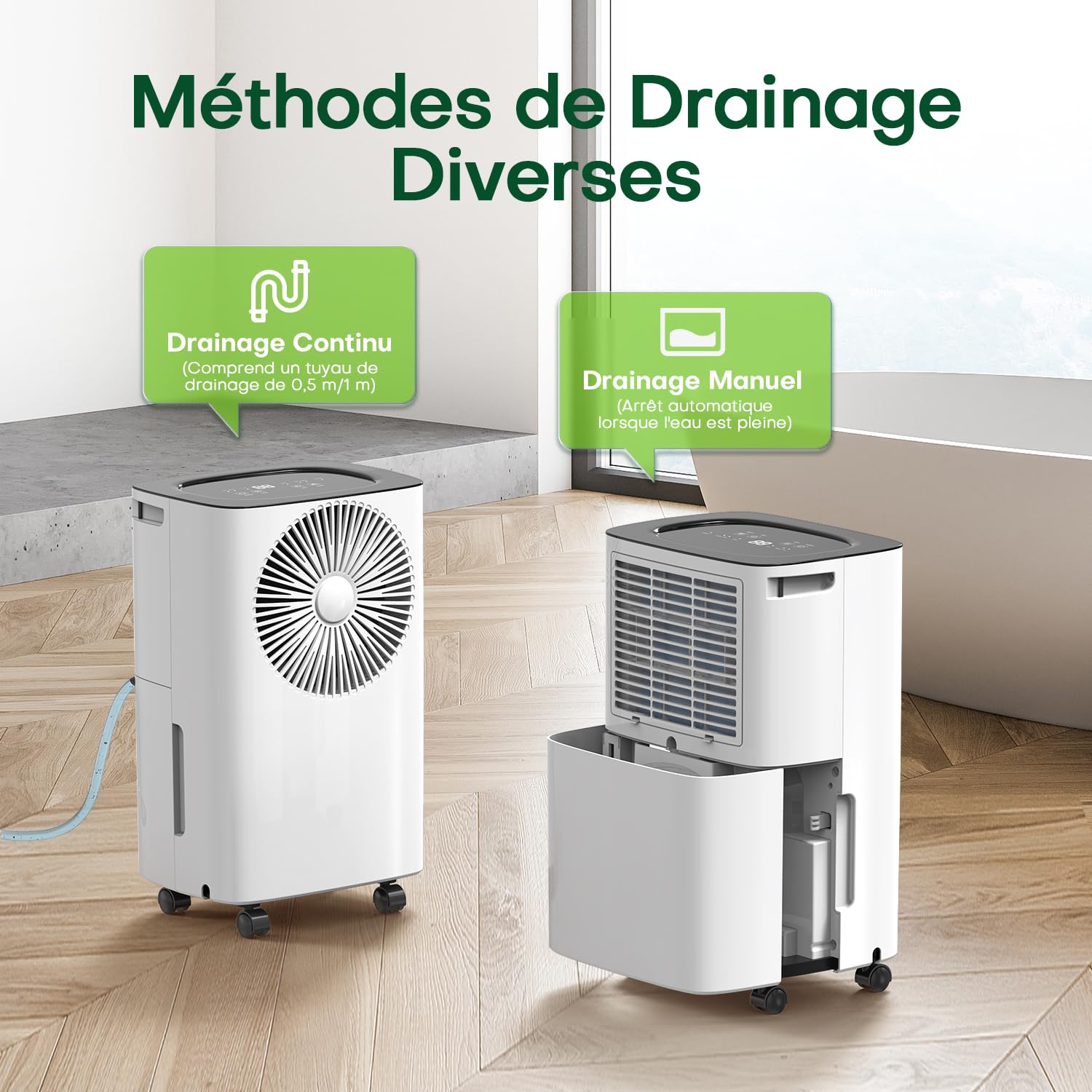 Deshumidificateur d air Electrique 12 litres/jour, Drainage Continu, Déshumidification Automatique, Mode Sommeil, Minuterie 24H, Anti Mosissure，Apportant de la Chaleur aux Jours de Pluie