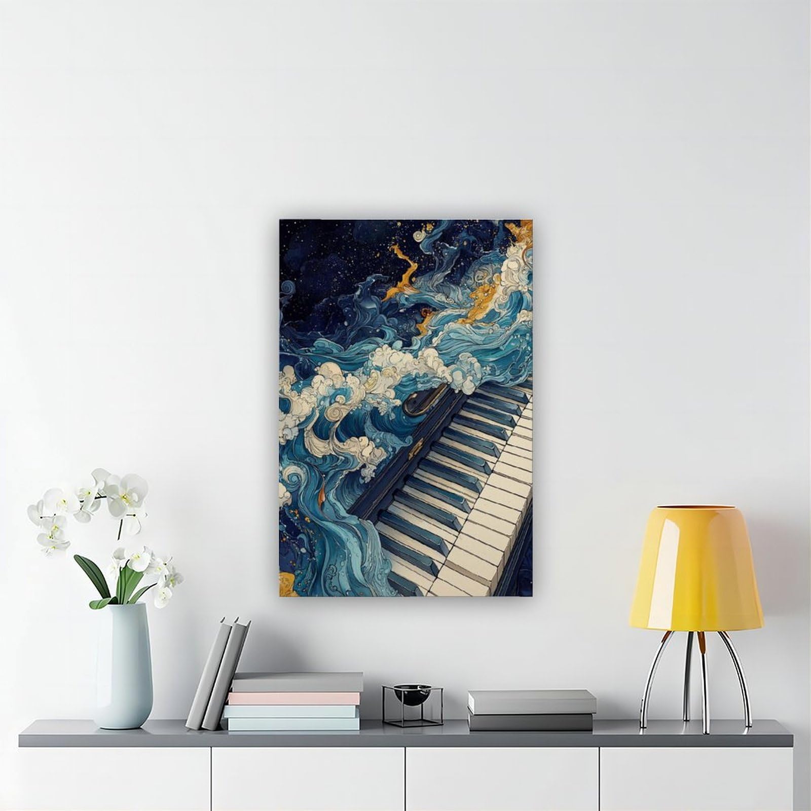 Poster con pianoforte con onde oceaniche, arte da parete musicale, poster per camera da letto, decorazione per ufficio, camera da letto, regalo, 61 cm L x 91,4 cm W