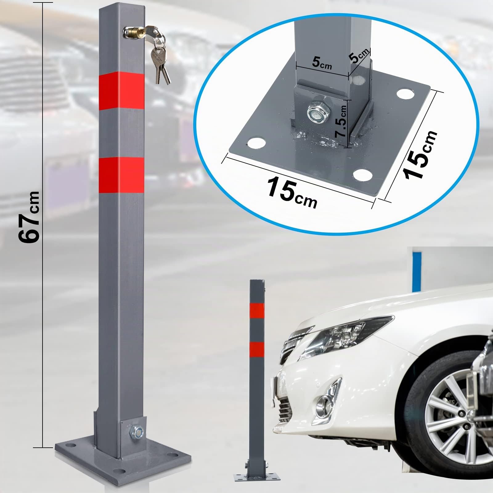 Sonnewelt 2x Paletti per parcheggio Barriera per parcheggio con 3 chiavi, Barriere per parcheggio con strisce riflettenti, Paletti di sbarramento pieghevoli, Acciaio robusto Base stabile Paletti per