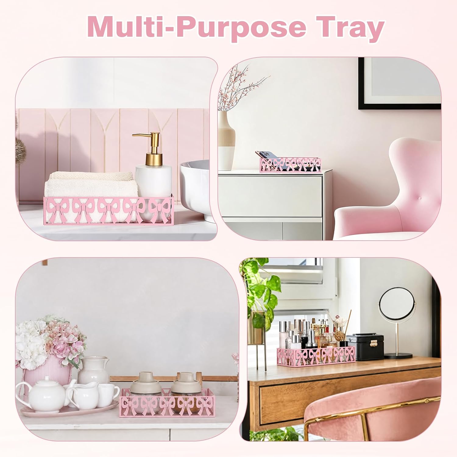 Sumnacon Toilet Paper Basket Organizer, Pink Bow Metal Bathroom Tray, Small