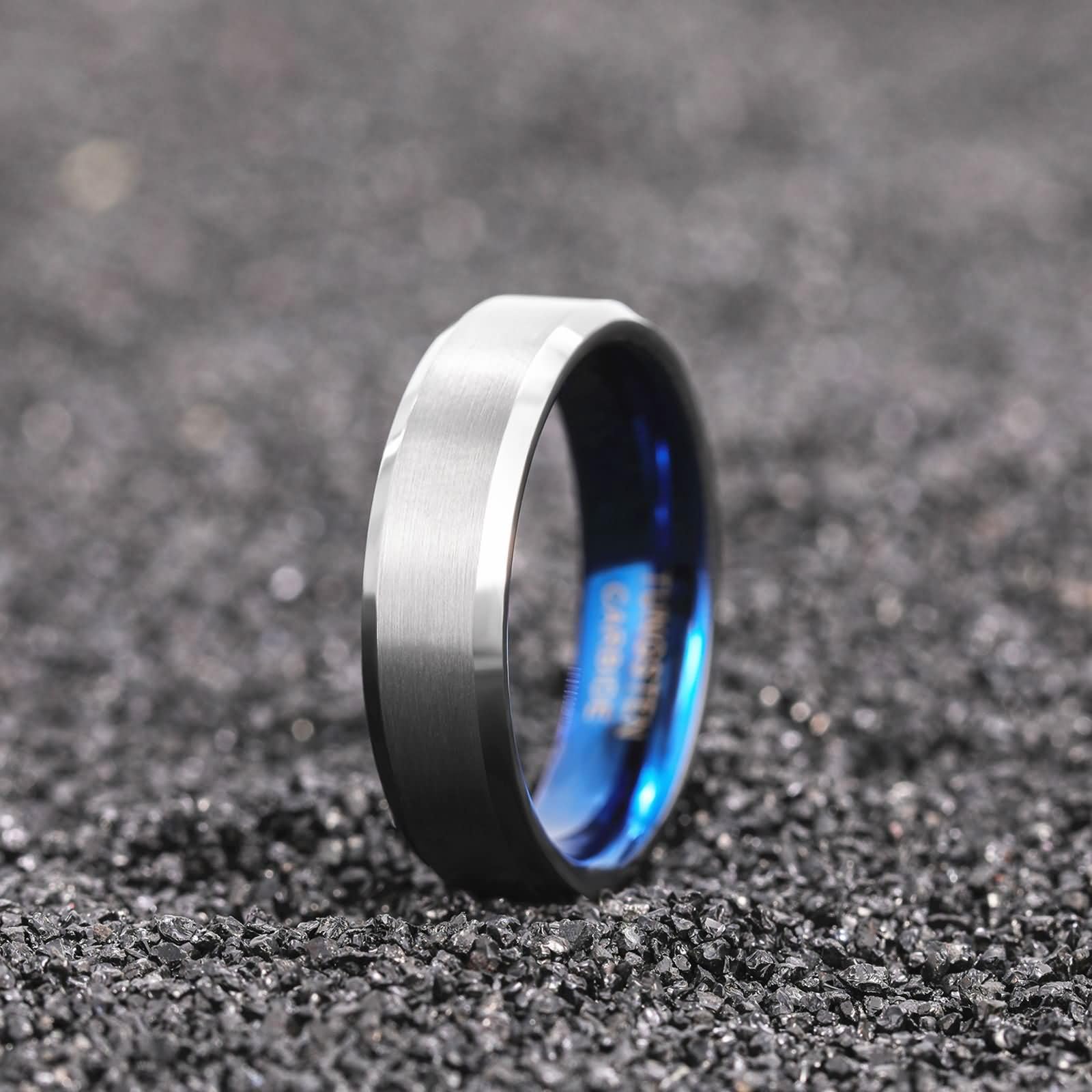 Anillos en Tungsteno Grabado Mujer Hombre, 4MM/6MM/8MM Redondo Cepillado Anillo de Alianza en Plata Azul para Hombre