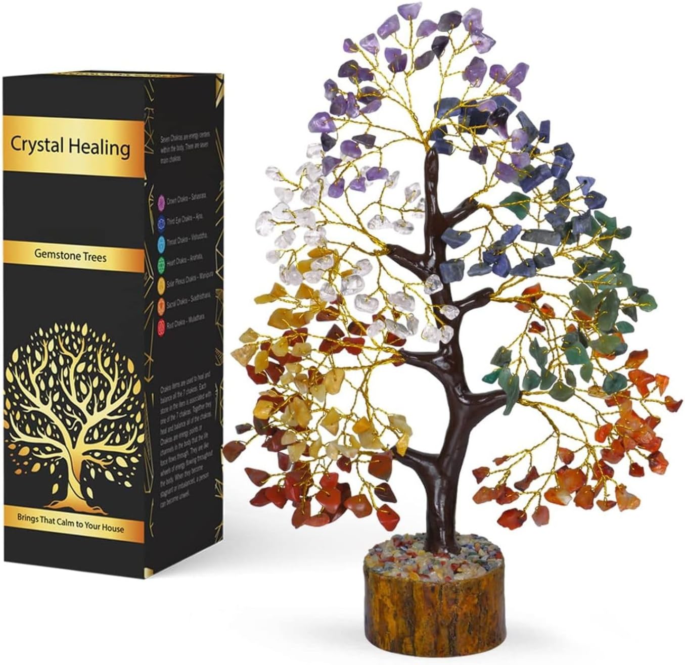 NARIBABU Chakra Crystal Tree with Golden Wire – 10-12 Inch Gemstone Tree on Wooden Base – Spiritual Gift, Healing Crystals Decor, Gifts for Her, Birthday Gift for Women, Reiki Energy