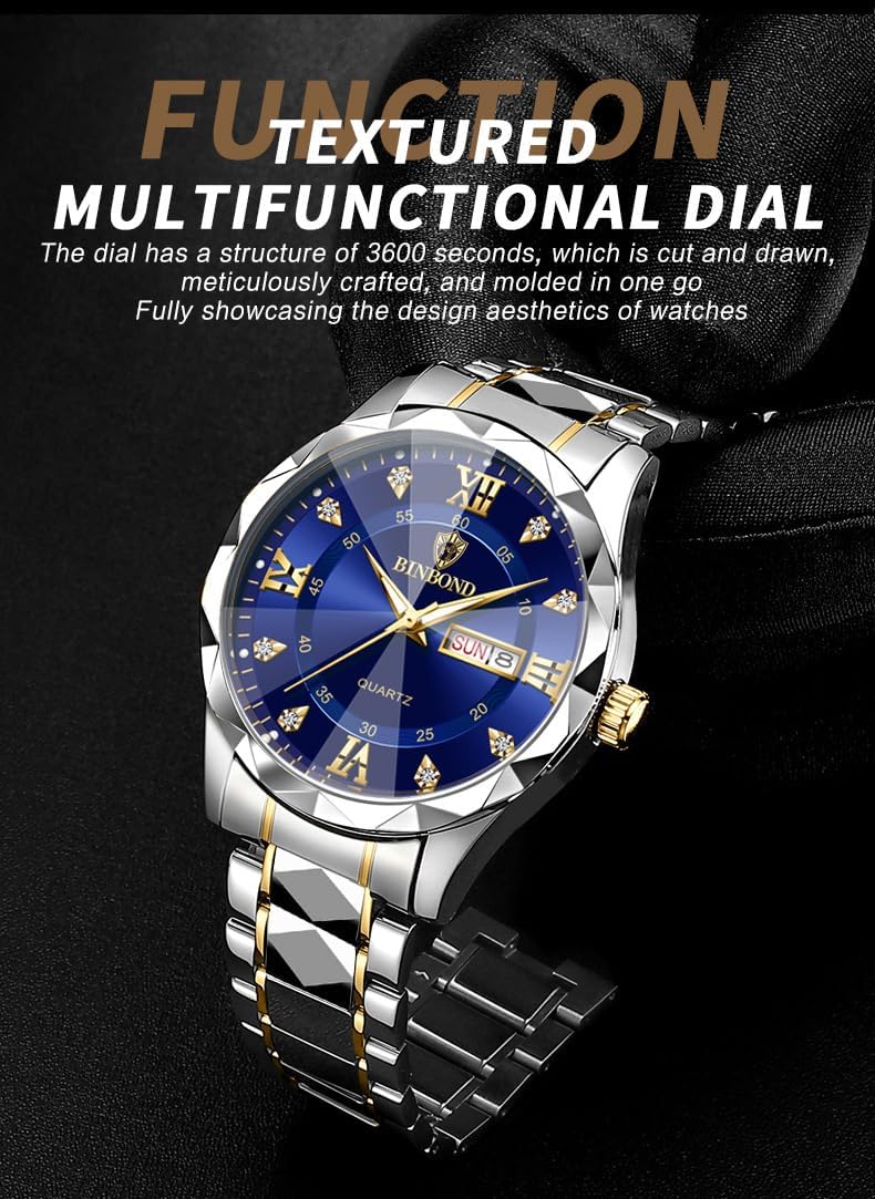 Men's Wrist Watches, Stainless Steel Watches for Men Week/Date Calendar Quartz Waterproof Watch for Men Business Dress Luminous Hands Men's Watch - Image 2