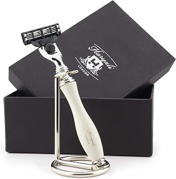 Haryali London, 3 Edge Razor with Stainless Steel Shaving Stand | Cartridge Razor with Stand in Off White | Manual Wet Shaving Tool | Precision Beard Grooming Accessories for Men