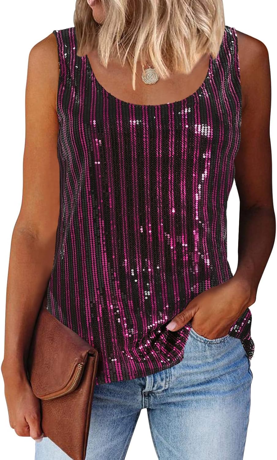 MLEBR Womens Summer Fashion Sequin Tops Scoop Neck Sequin Sparkle Shimmer Sleeveless Tanks Tops Blouses