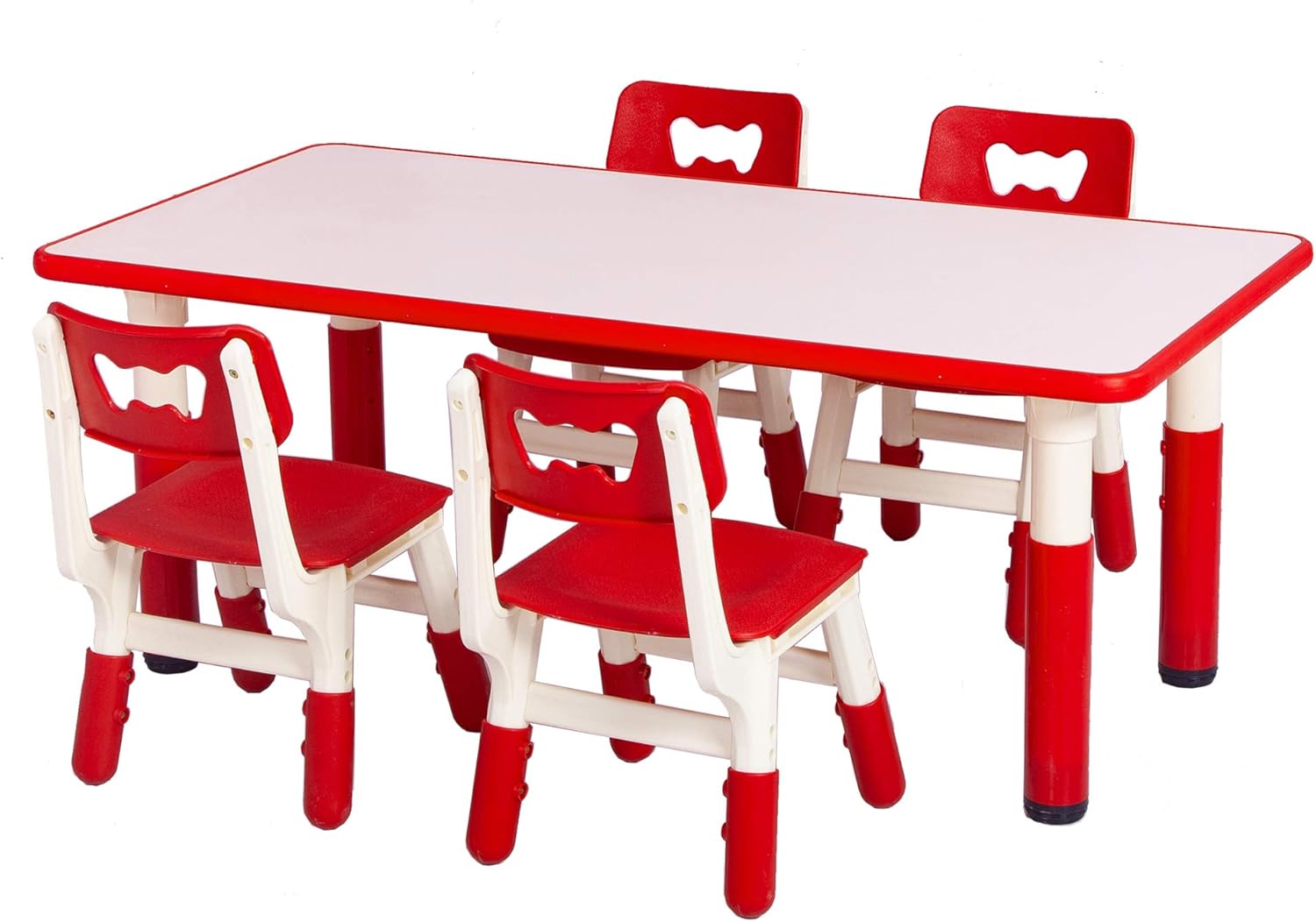 🔥 Hot Deals bonibear Kindergarten Table and Chair Set，Kids Table and Chairs Set（1 Table and 4 Chairs），Plastic Children Desk Height Adjustable（Solid Wood Table top），Furniture Gifts for Boys and Girls (Red)