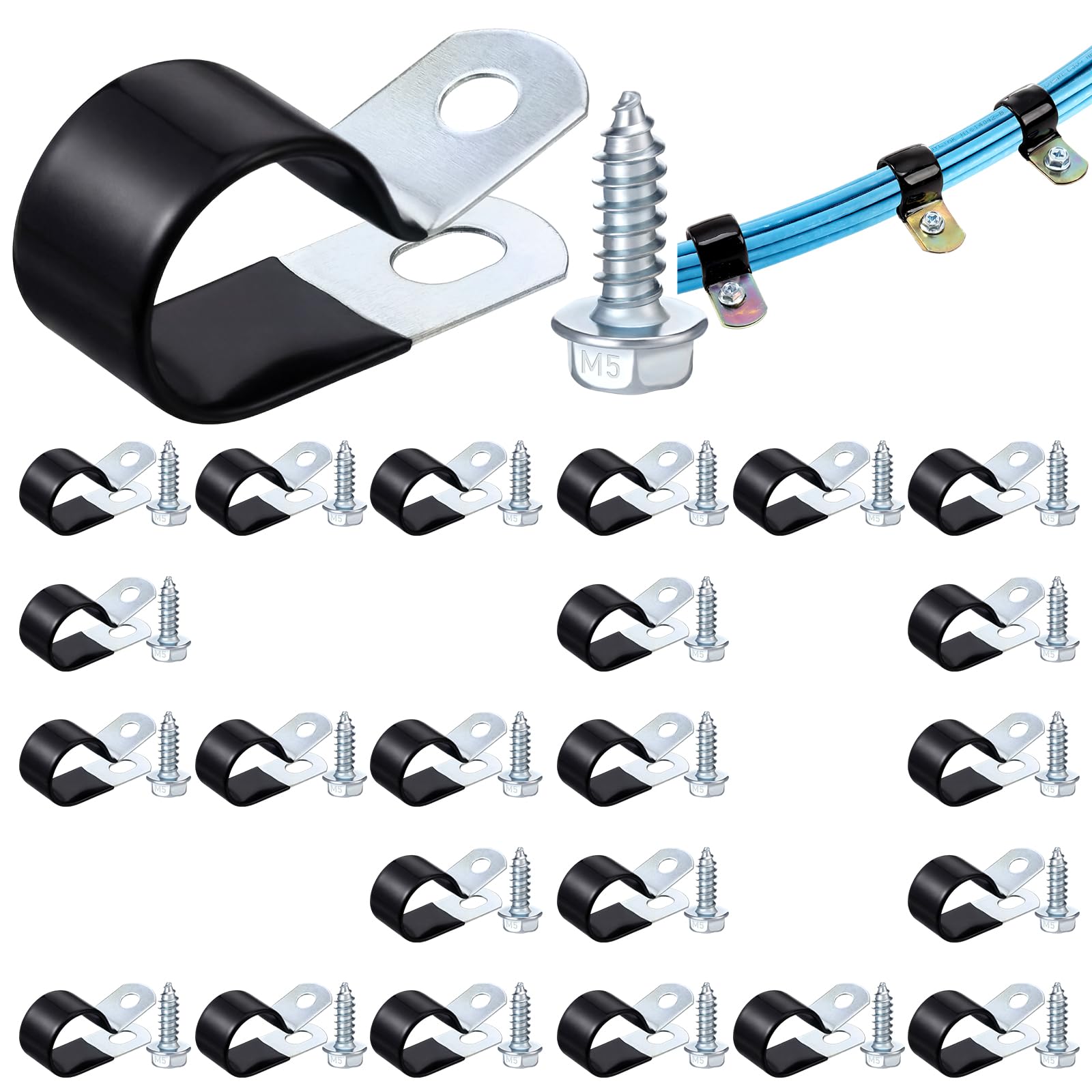 Tandefio 50 Pcs 1" Stainless Steel Cable Clamp with Screw Rubber Coated