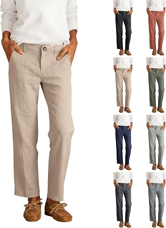 eoeioa Linen Dress Pants Women Washed Straight Leg Ankle Work Pants with Pockets Lightweight Casual Cotton Linen Trousers