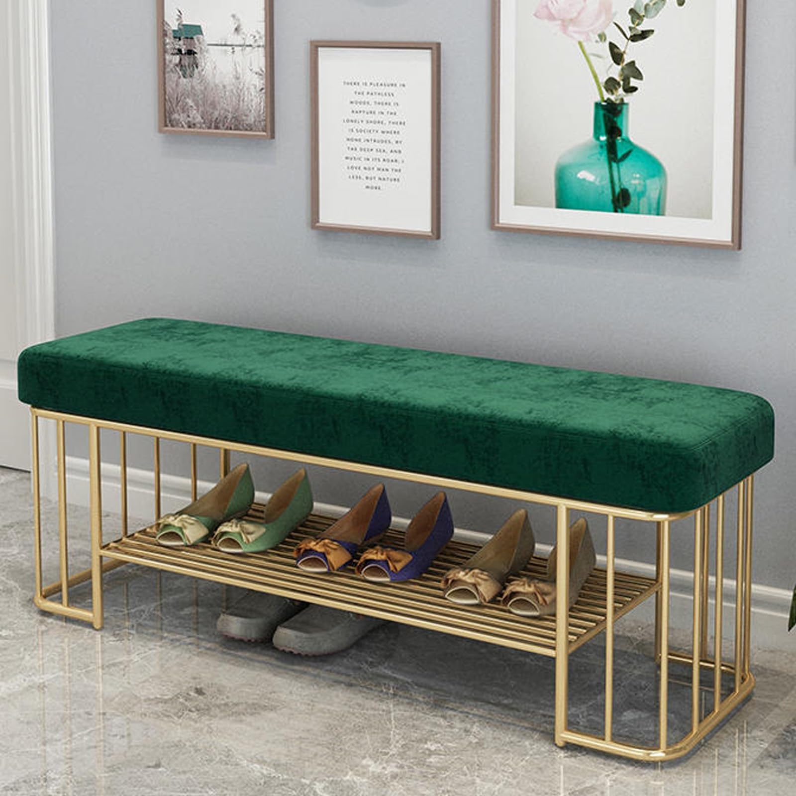 Banco Zapatero Entrada Recibidor Hecho de Metal, Resistente a La Carga con Cómodo Cojín para Entrada, Pasillo, Baño, Sala de Estar(Green,100 * 35 * 45cm)