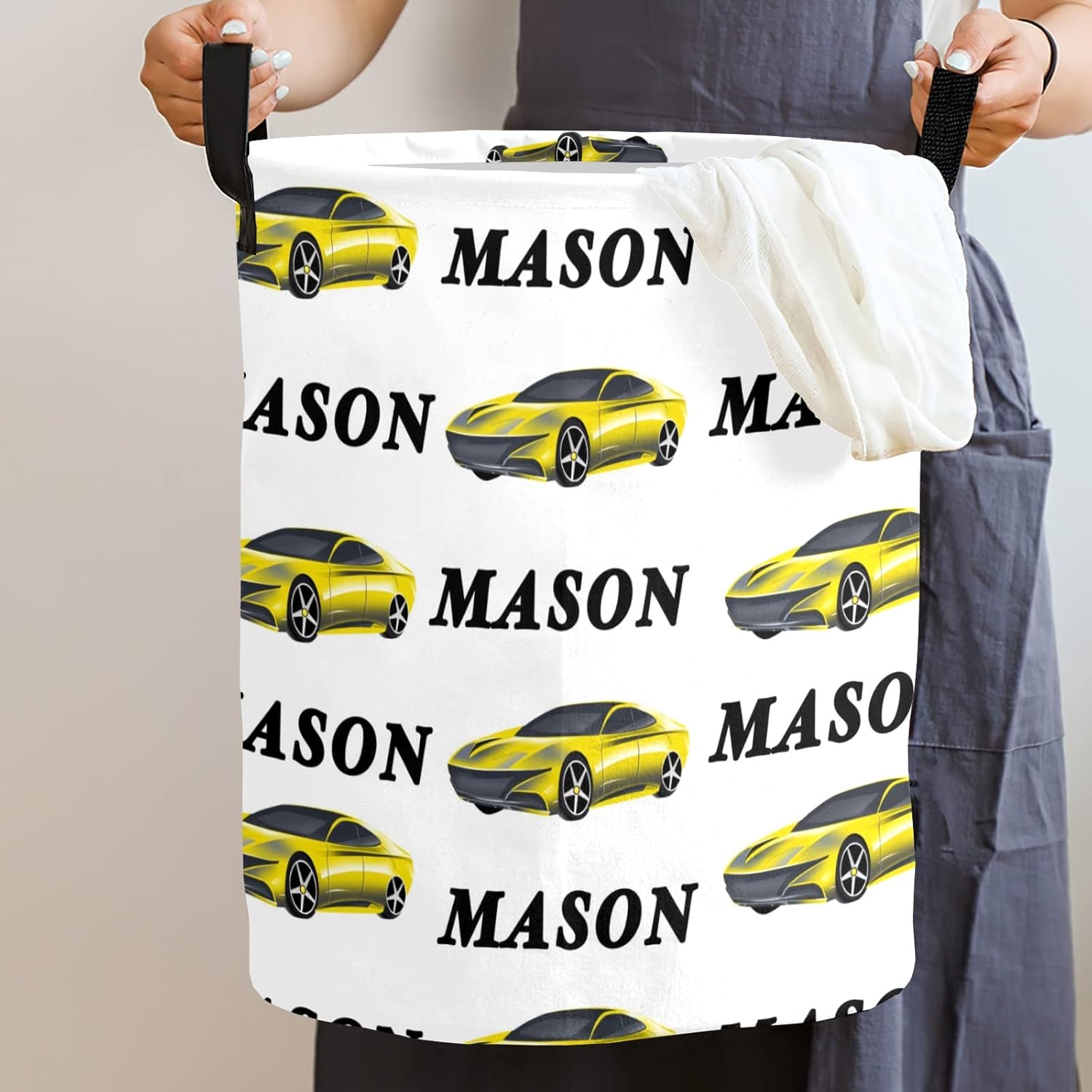 Yellow Race Car Name Personalized Laundry Basket Clothes Hamper with Handles Waterproof,Collapsible Laundry Storage Baskets for Bathroom,Bedroom Decorative 19.7"Hx14.2"D