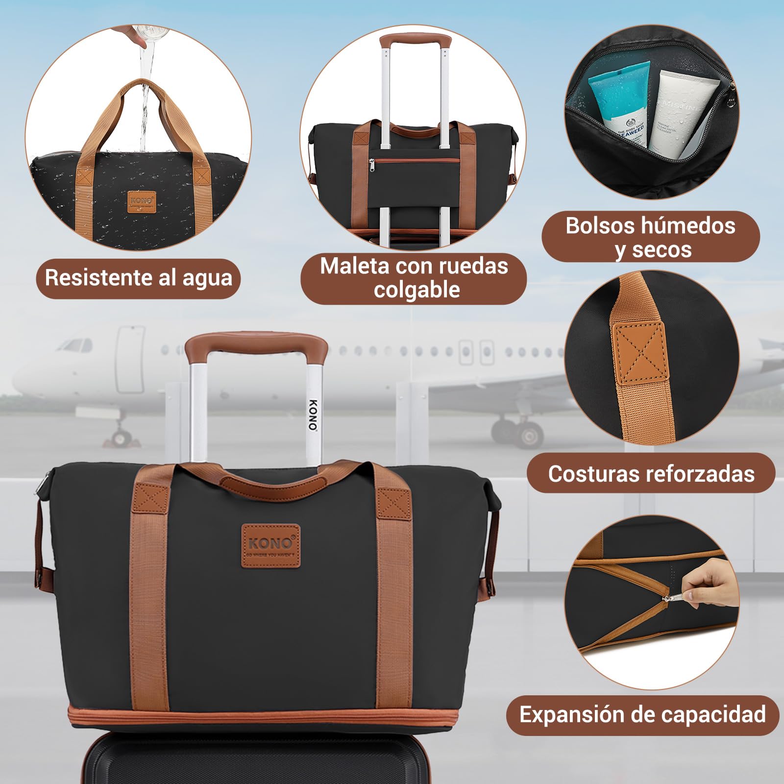 Kono Maleta Ligera ABS rígida de Cabina con Cerradura TSA Juegos de Equipaje de 4 Piezas Incluidas Bolsa de Fin de Semana y Bolsa de Aseo para Viajes (Negro con marrón)