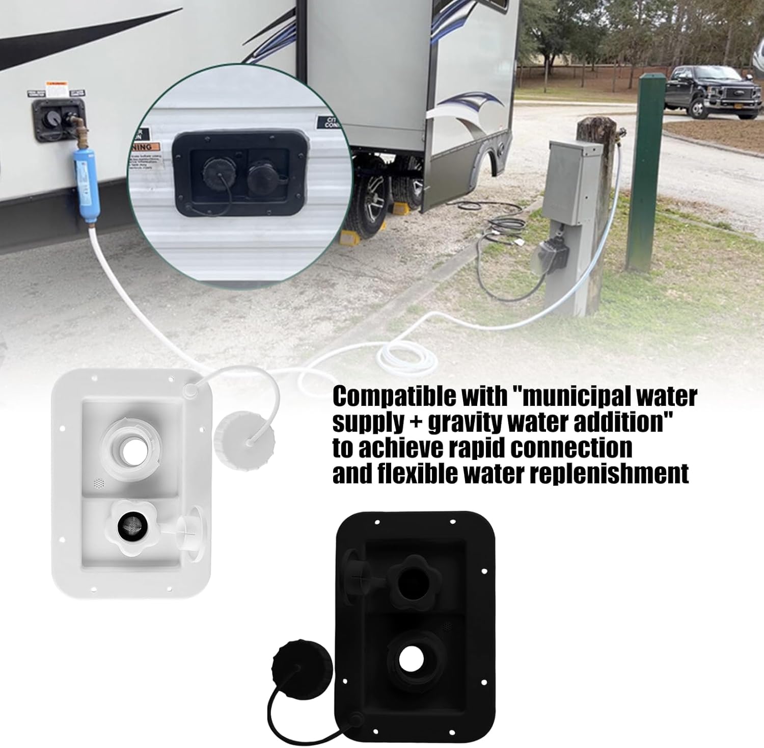 ダブルポートウォーターインレット キャンプ&amp;アウトドアアドベンチャーで素早く水を補充する構造が特徴