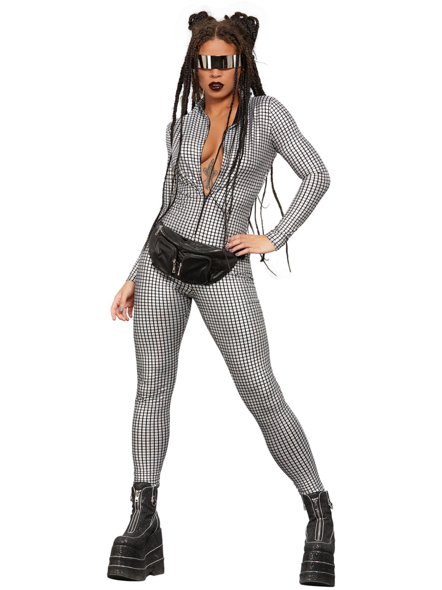 Smiffys Fever Miss Whiplash Disco Holographic Costume with Zip Up Catsuit, Fever Fancy Dress, Fever Dress Up Costumes
