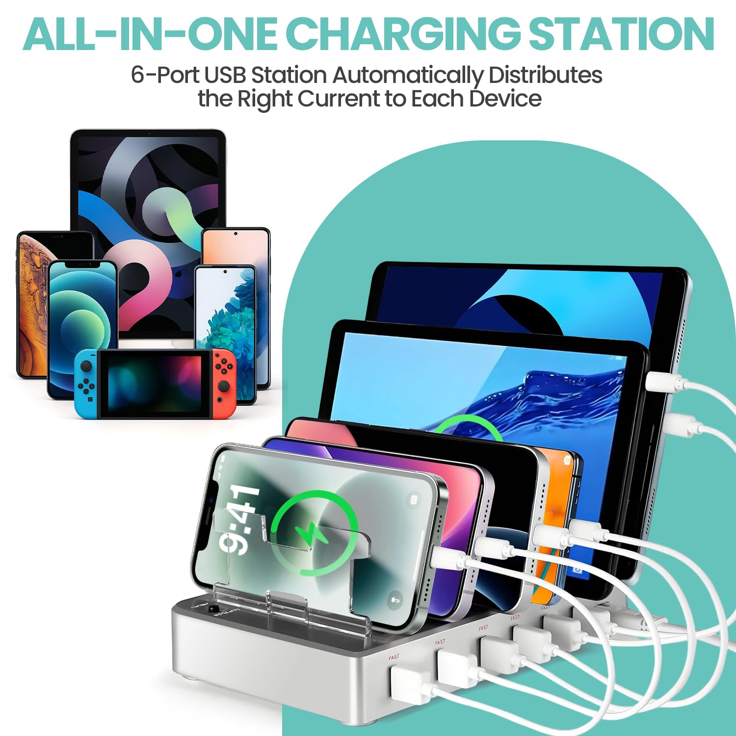 Stacja ładująca do wielu urządzeń, szybkie ładowanie 300 W, 6-portowa stacja ładująca, kompatybilna z iPhone'em, iPadem, tabletami z systemem Android, organizer podróżny do domowego biura